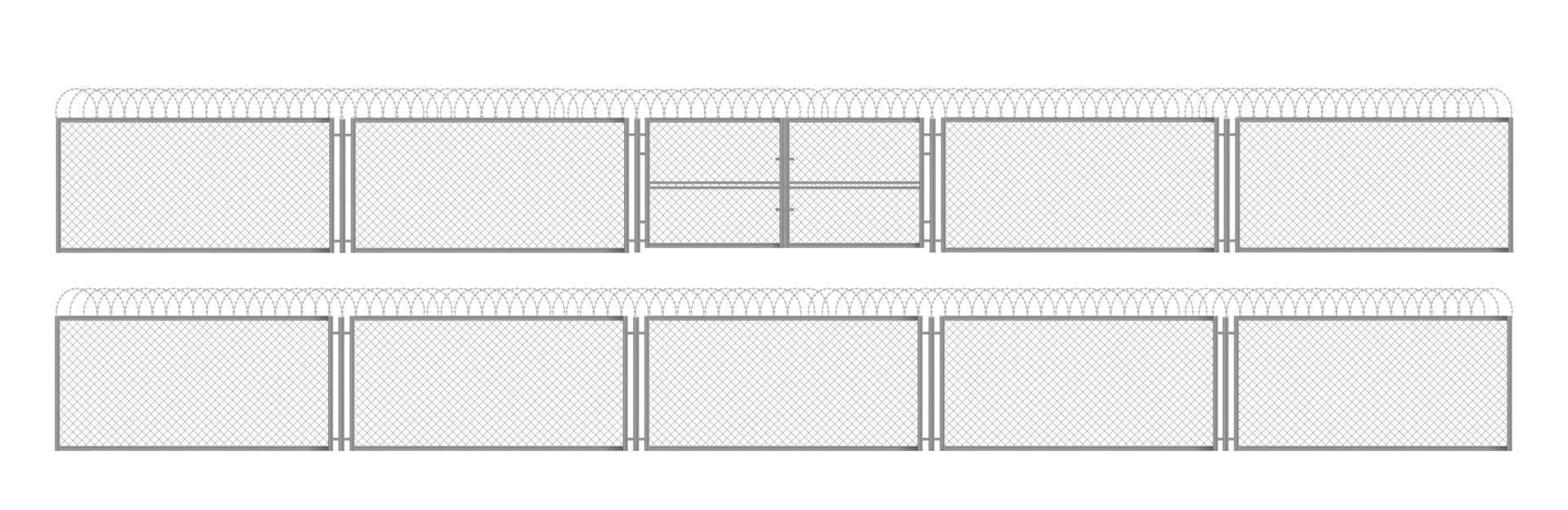 Fence with barbed wire, metal grid with gate 3d vector