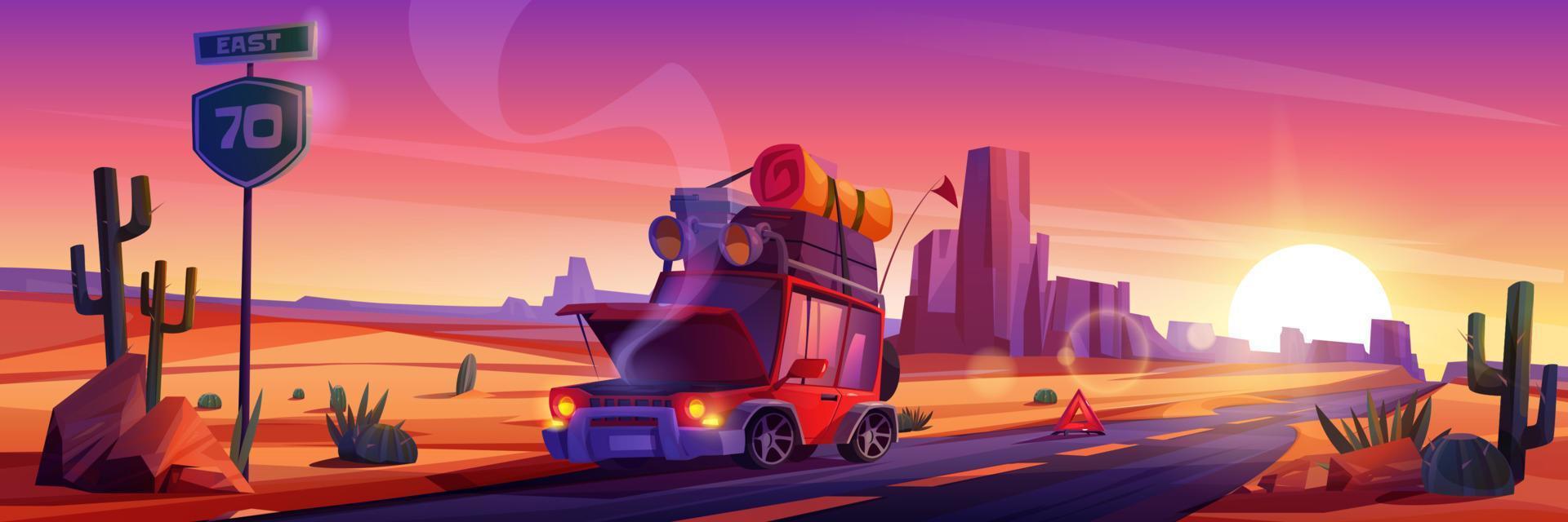 Broken car on road in desert at sunset vector