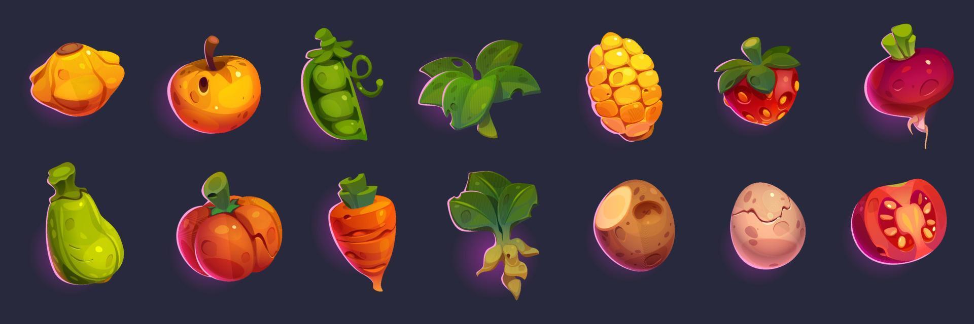 iconos de juego de frutas, verduras y huevos vector