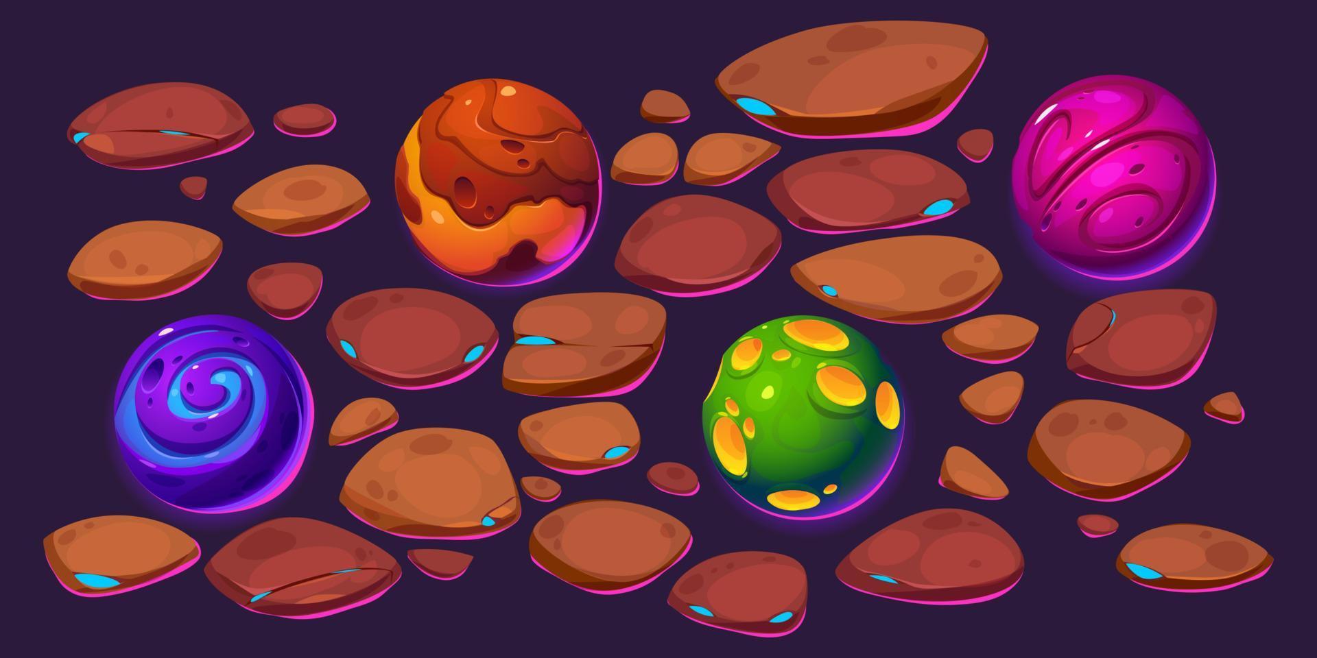 Alien planets, asteroids, stones and rock rubbles vector