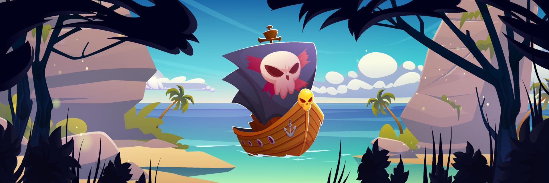 Pirate ship with black sails and jolly roger skull vector