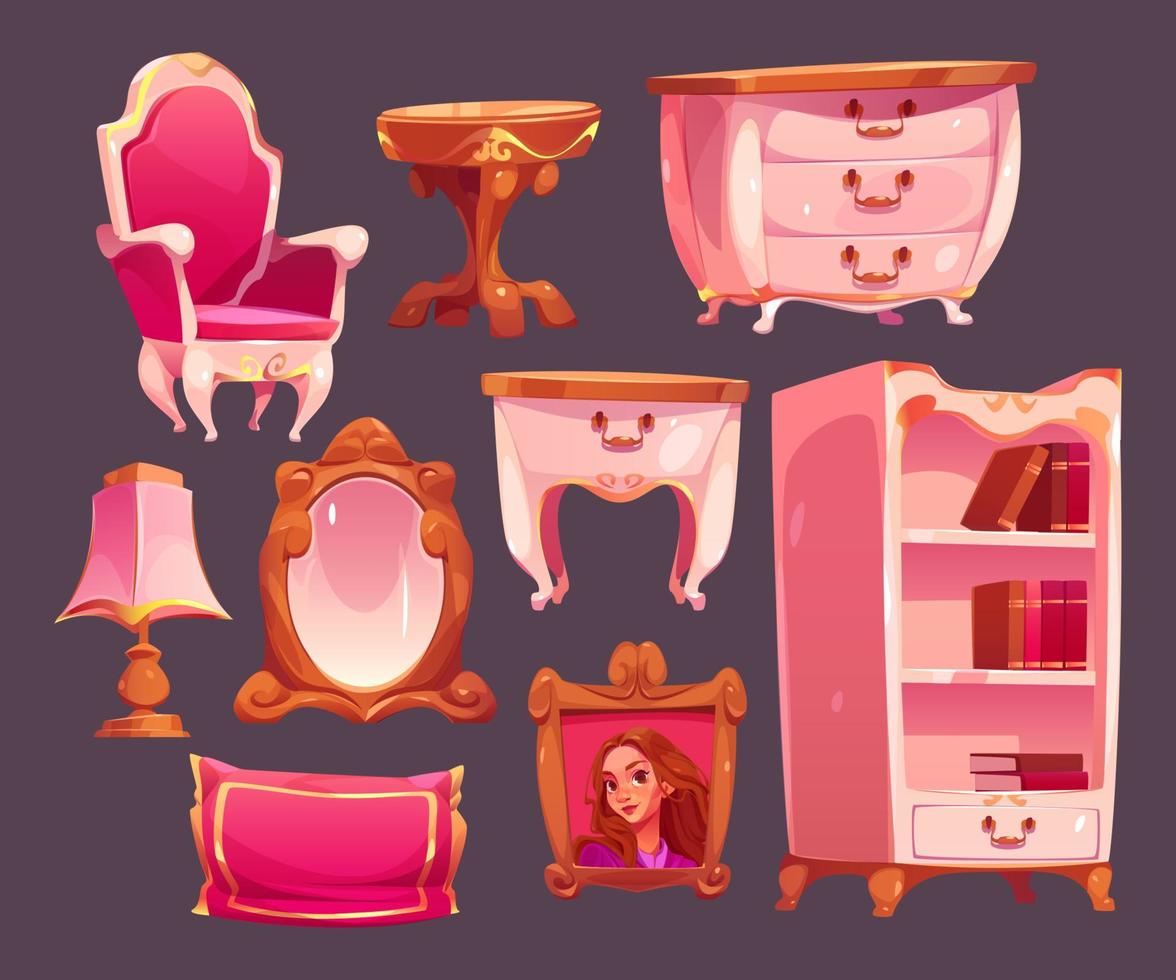 Pink princess room vintage furniture vector set