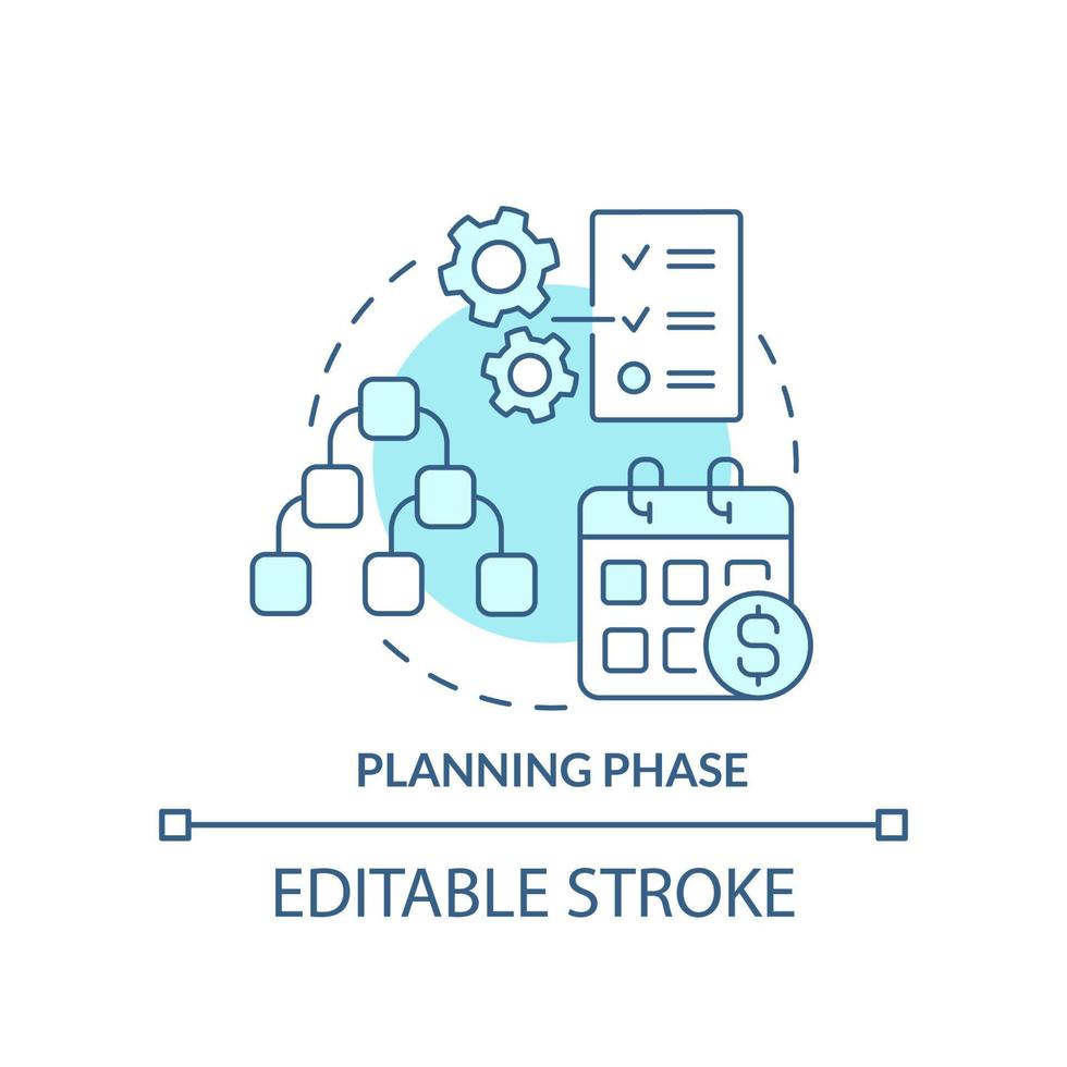Planning phase turquoise concept icon. Build work strategy. Project management abstract idea thin line illustration. Isolated outline drawing. Editable stroke. vector