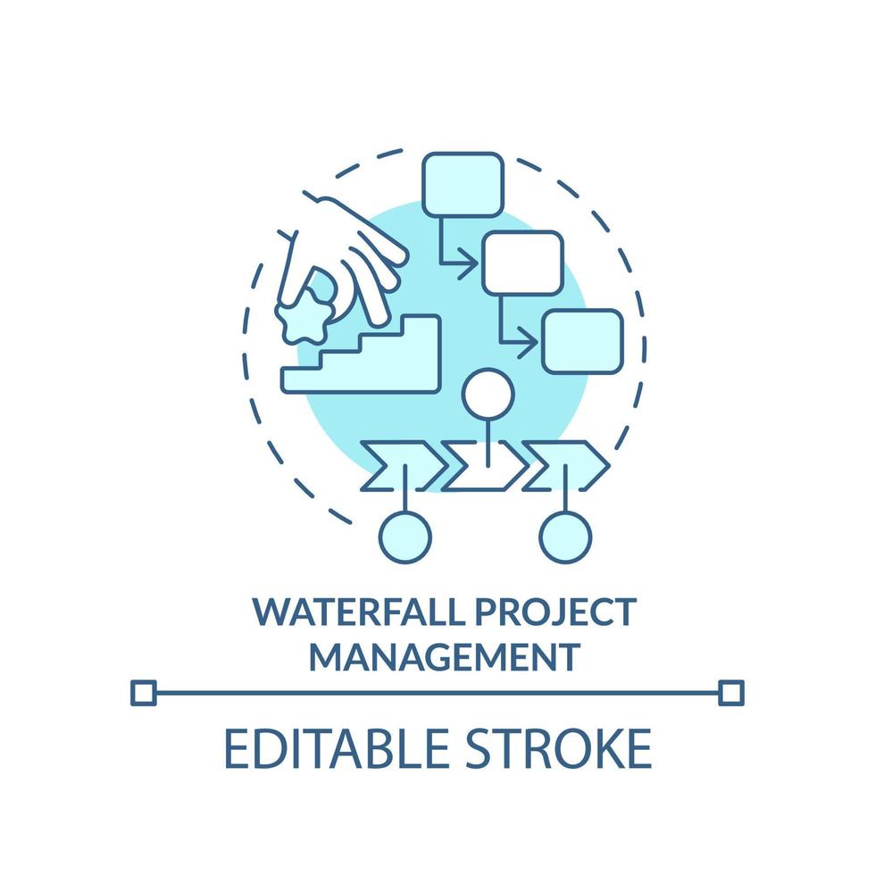 Waterfall project management turquoise concept icon. Step by step work style abstract idea thin line illustration. Isolated outline drawing. Editable stroke. vector
