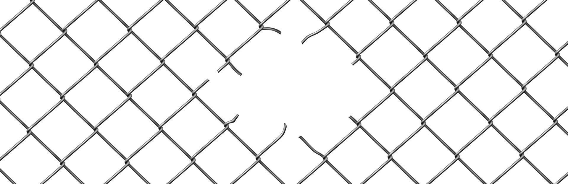 Broken wire fence, rabitz or chain link background vector