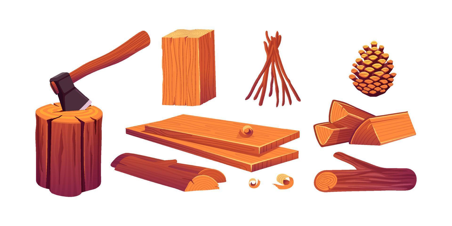 Set firewood, wooden logs, slices, axe in stump vector