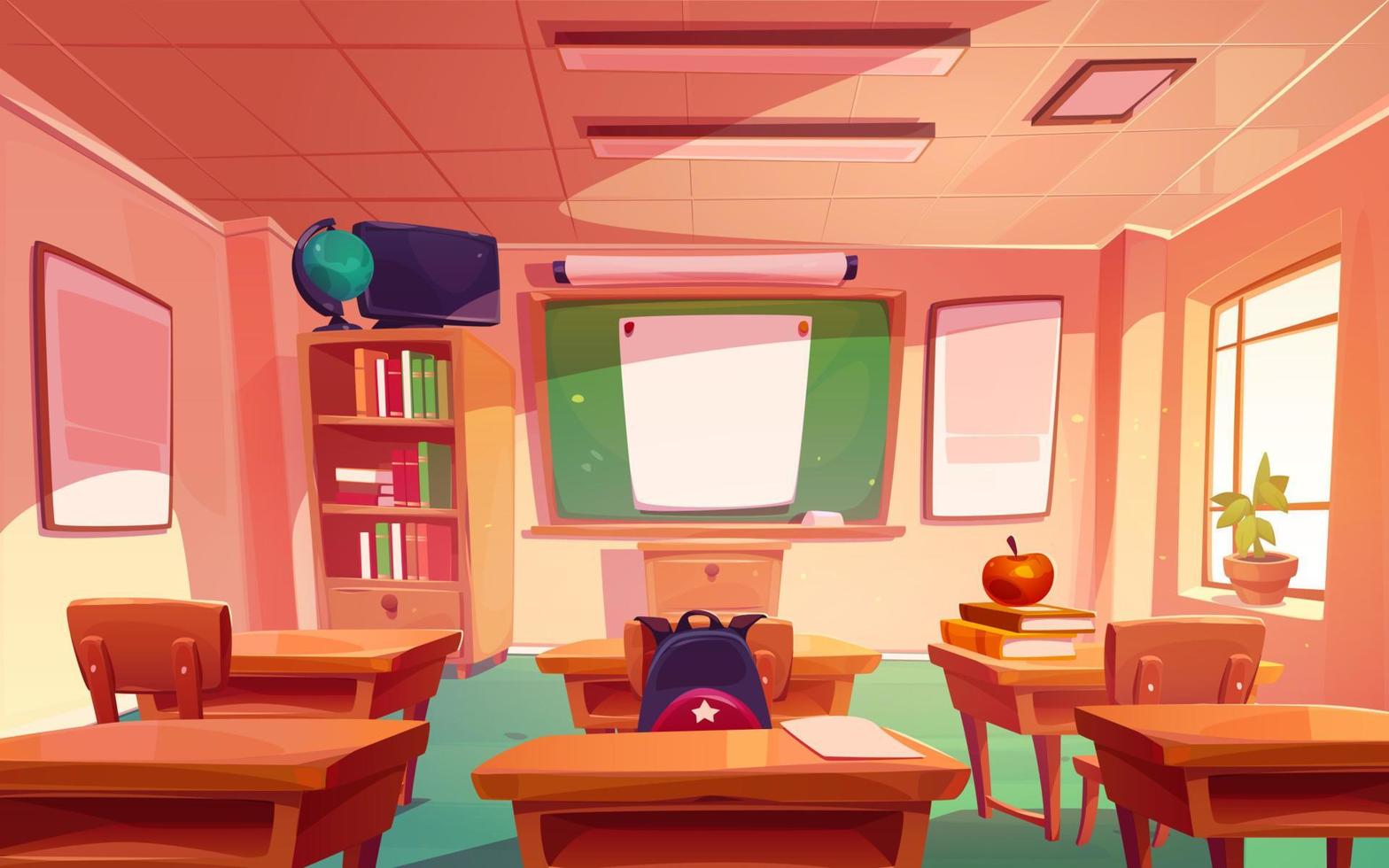 School classroom interior with green chalkboard vector