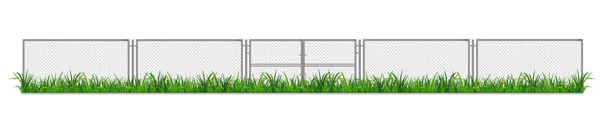 Wire fence with gates on green grass, chain link vector