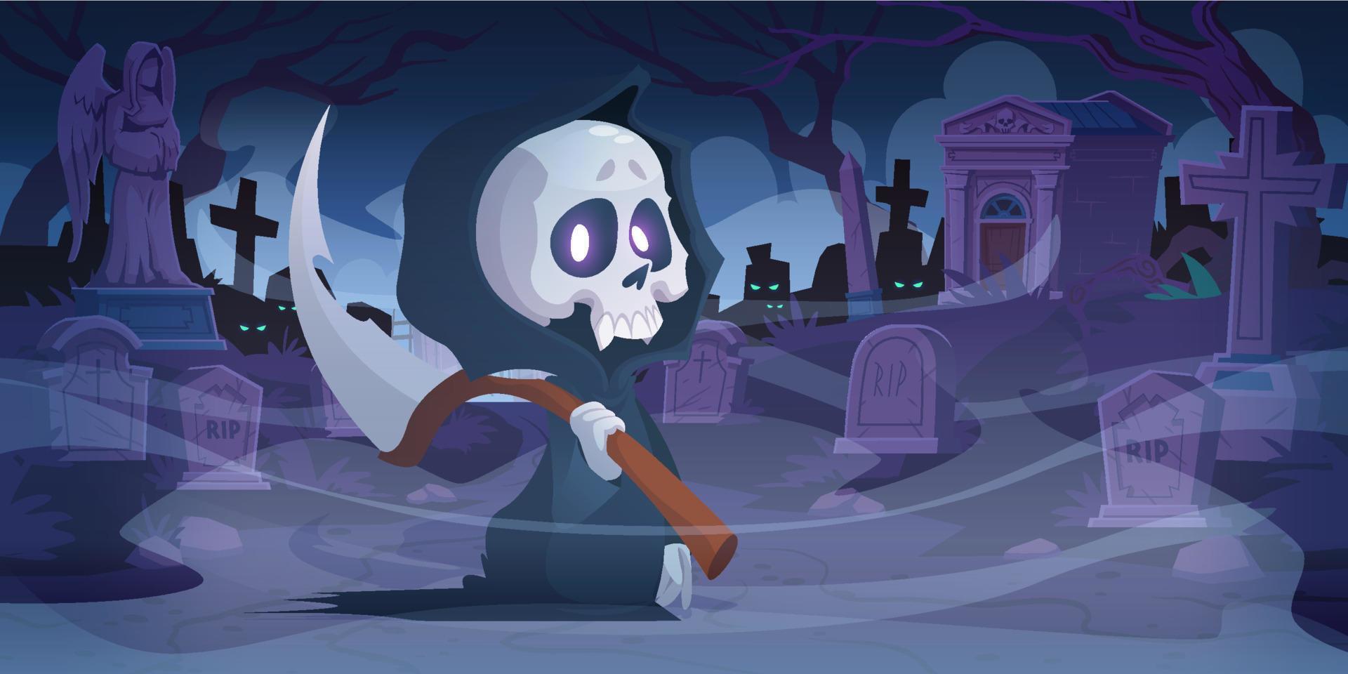 Grim reaper with scythe on night cemetery scene vector