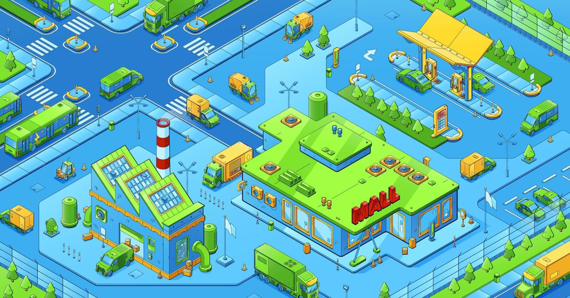 Isometric city infrastructure refueling, mall vector