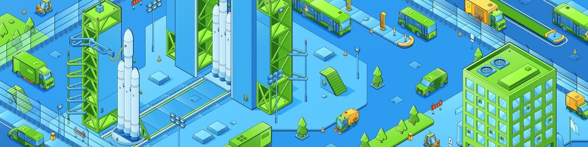 Isometric city infrastructure, spaceport building vector