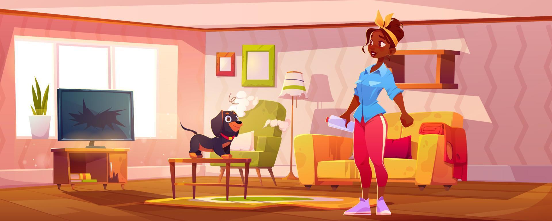 Surprised woman looking naughty dog in messy room vector
