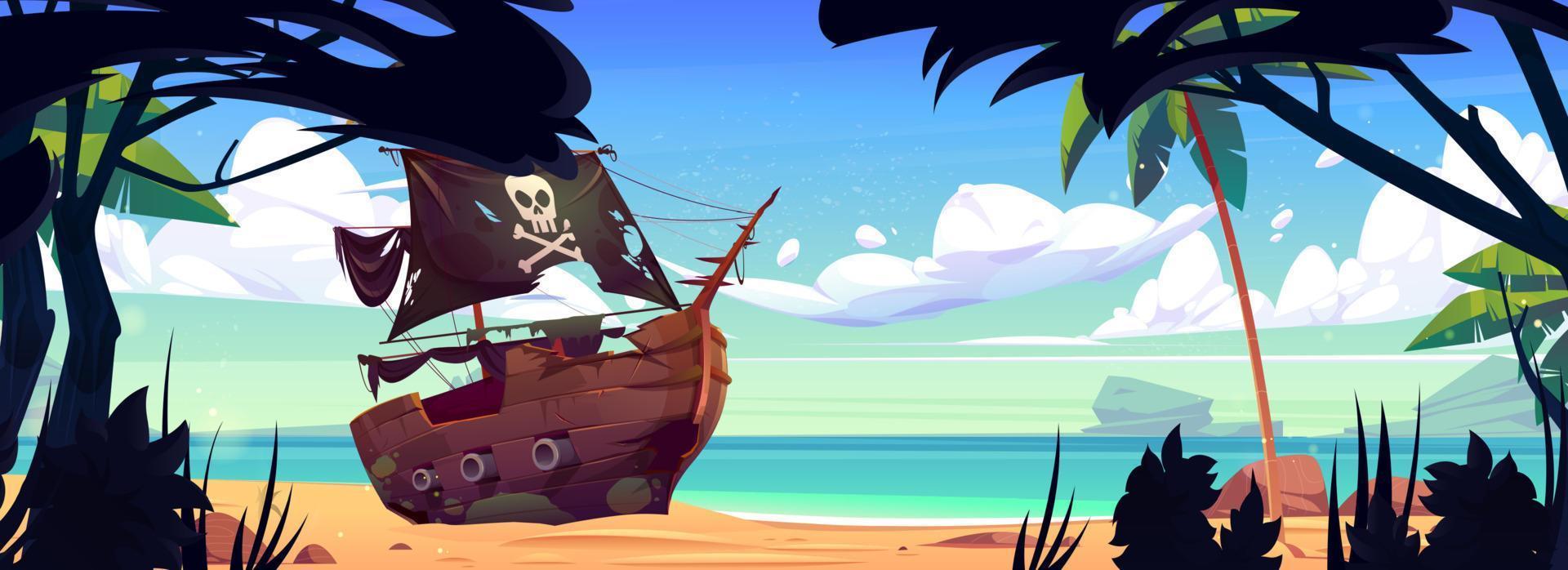 Pirate ship on tropical island beach with palms vector