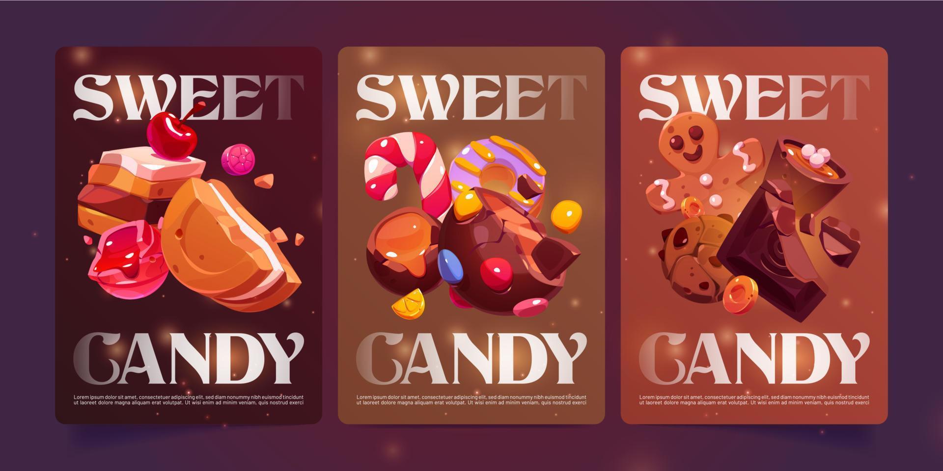 Sweet candy cartoon posters with bakery desserts vector