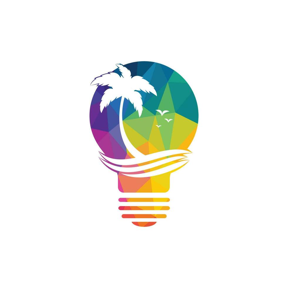 Abstract bulb lamp with palm tree logo design. Nature travel innovation symbol. Tour and travel concept design. vector