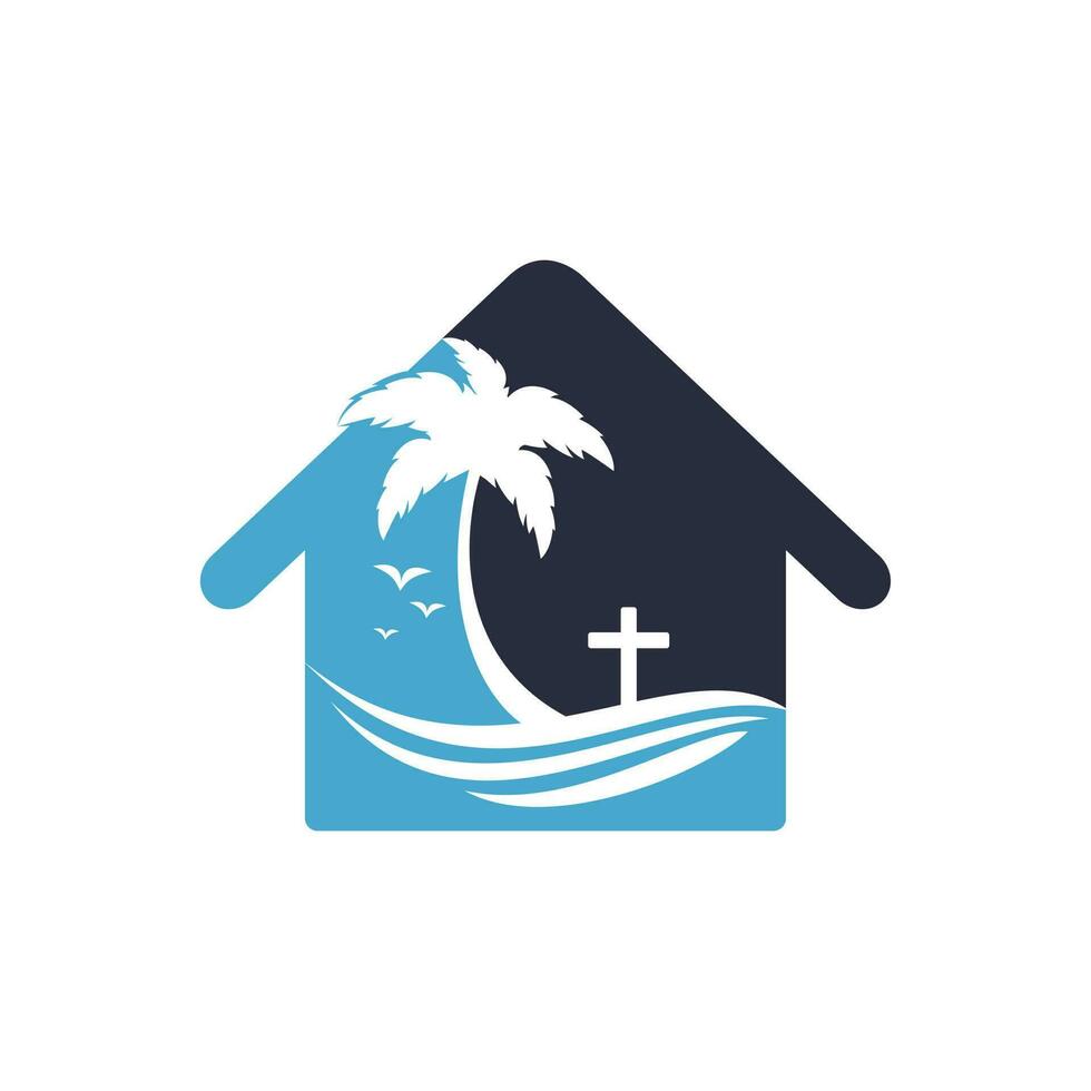 diseño del logo de la iglesia de la playa. diseño del logotipo del vector de la playa cruzada de la iglesia cristiana.