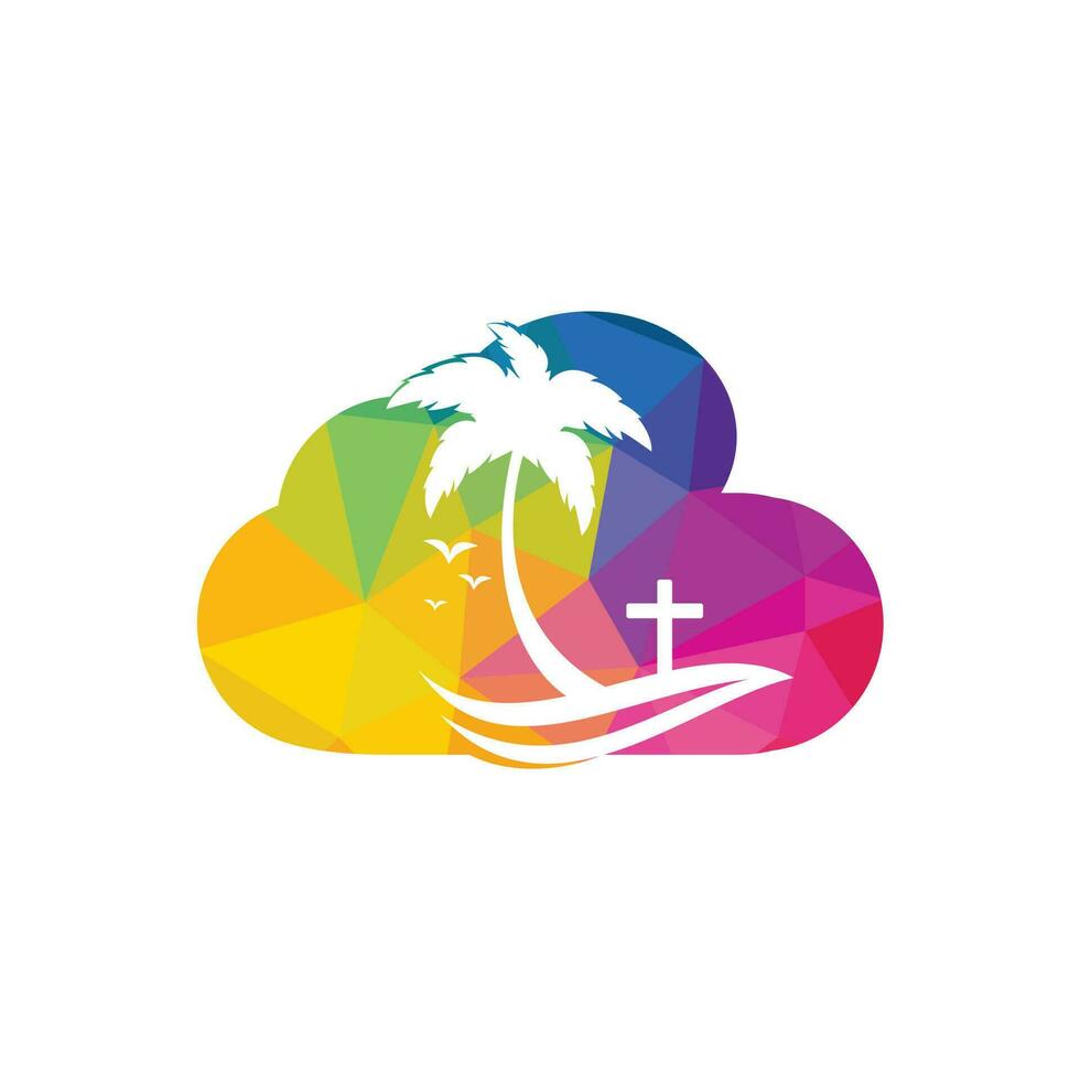 diseño del logo de la iglesia de la playa. diseño del logotipo del vector de la playa cruzada de la iglesia cristiana.