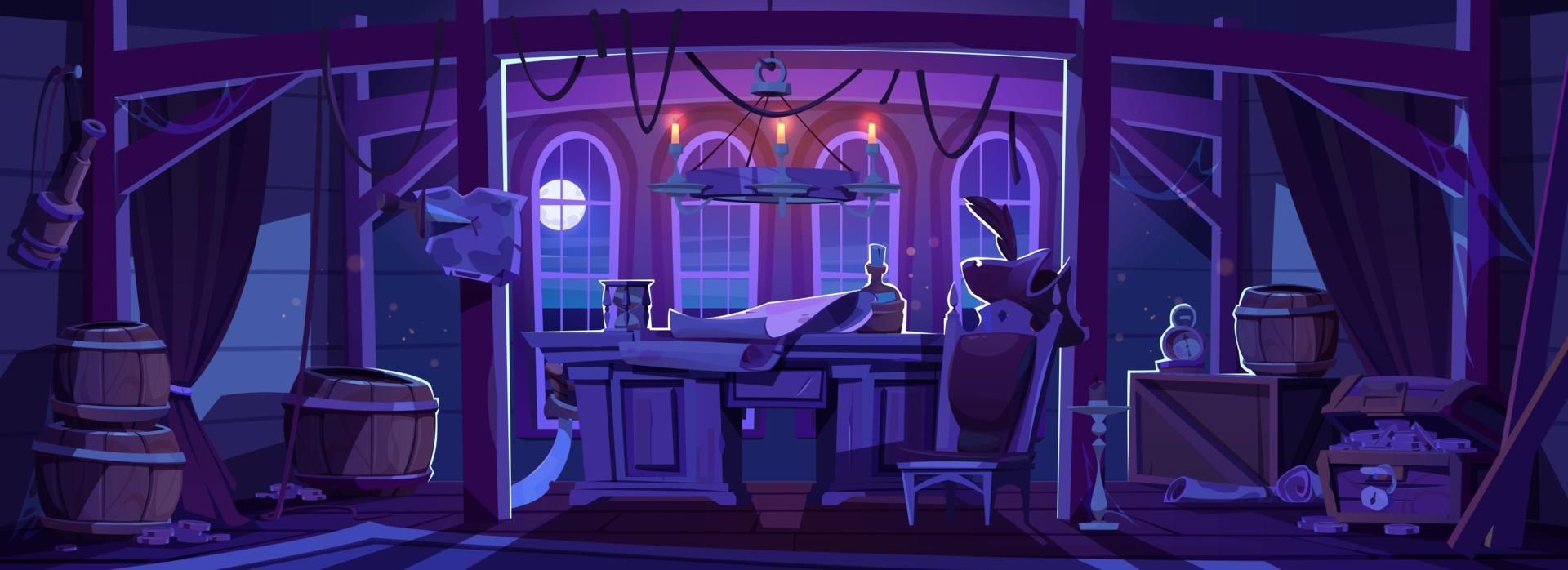 Pirate ship cabin interior at night vector