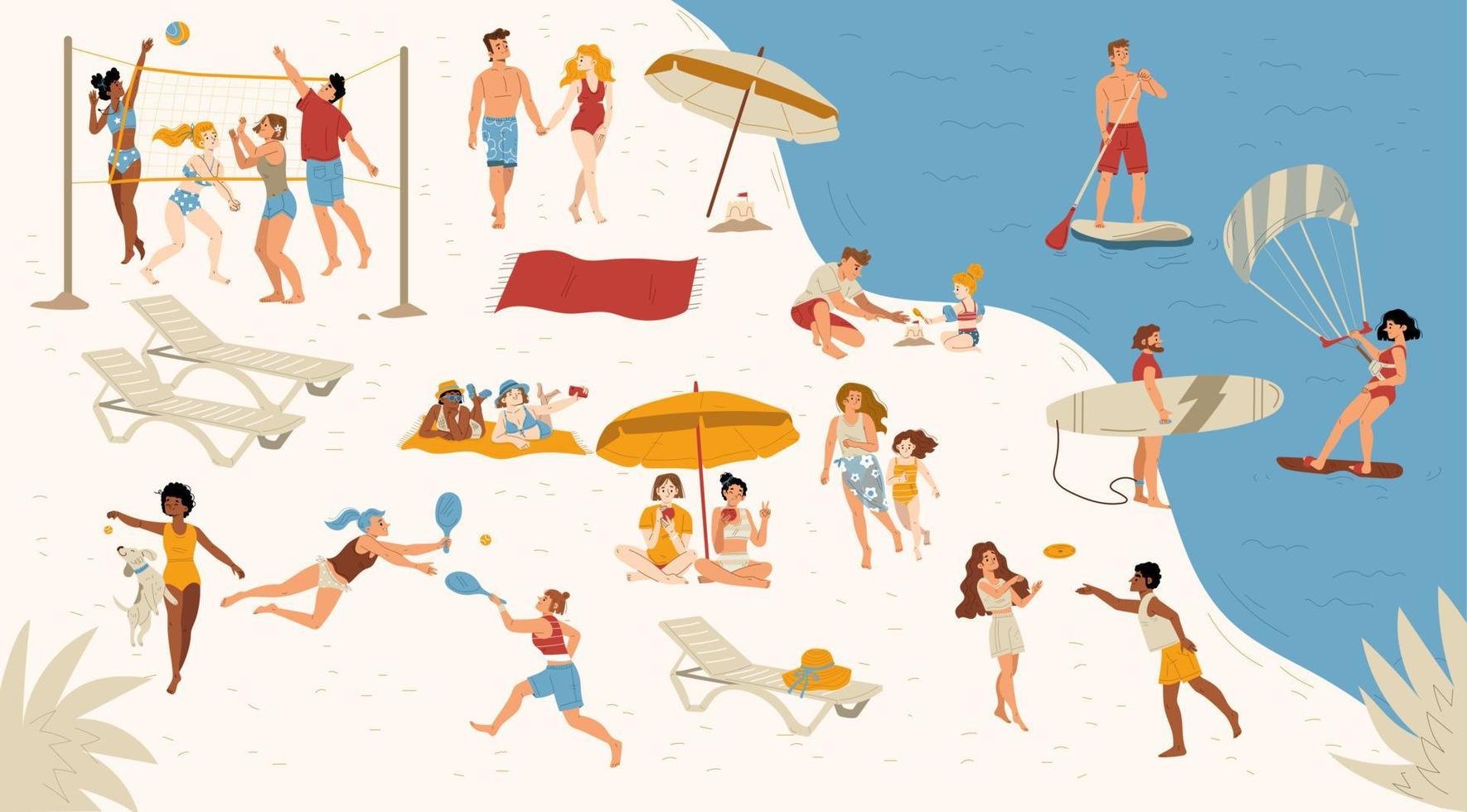 playa de mar de verano con gente nadando en tablas, jugando vector