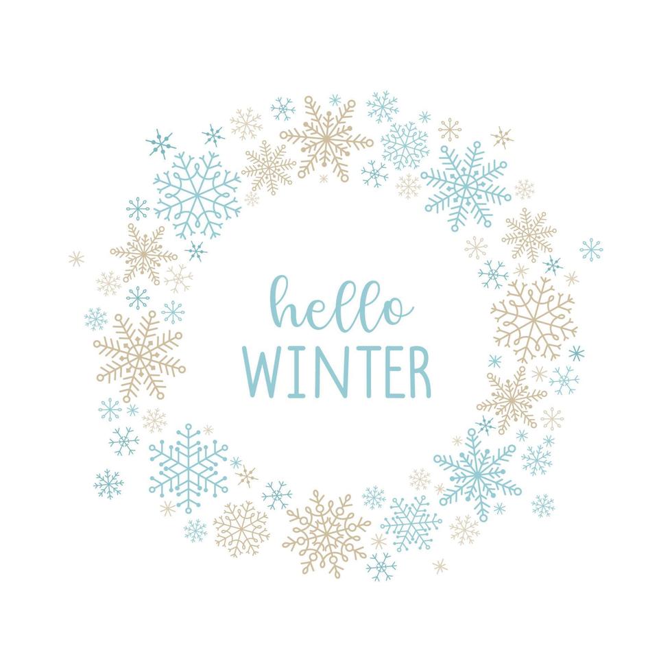 Hello winter. Festive template with a round circle of snowflakes and an inscription. Vector illustration for postcard, print, banner, invitation. White background