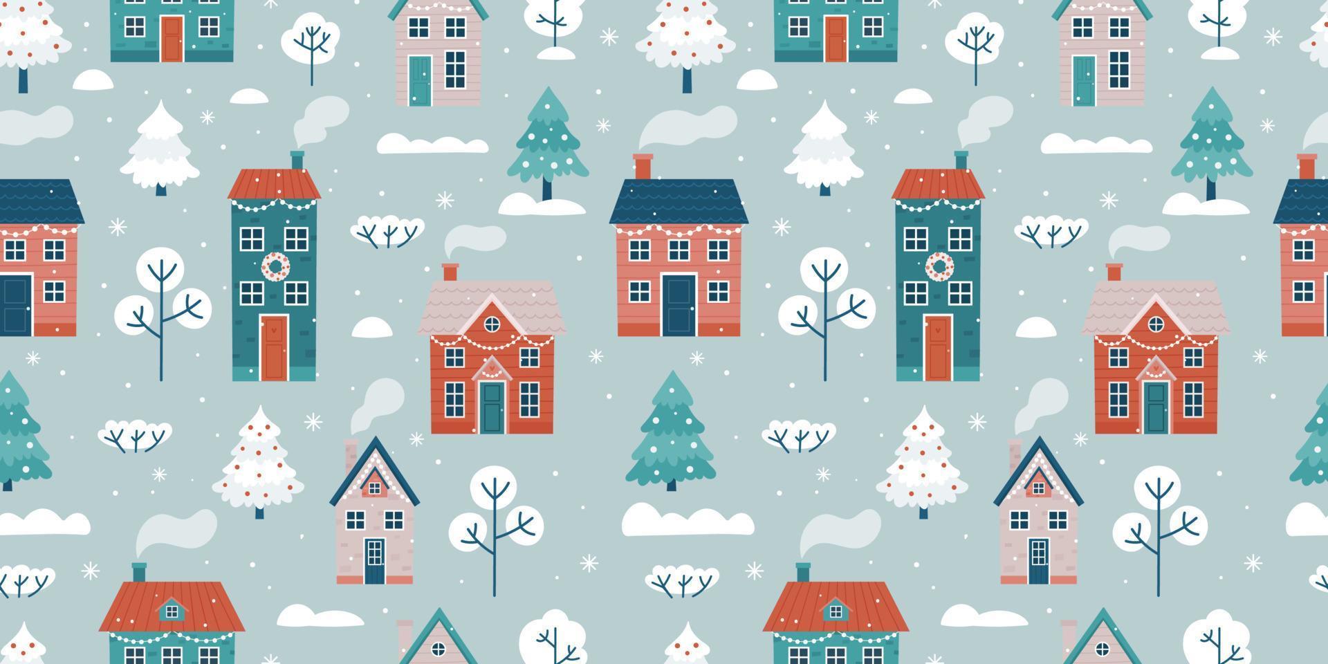 Seamless pattern with winter landscape and houses. Seamless background for Christmas and winter holidays. Vector illustration