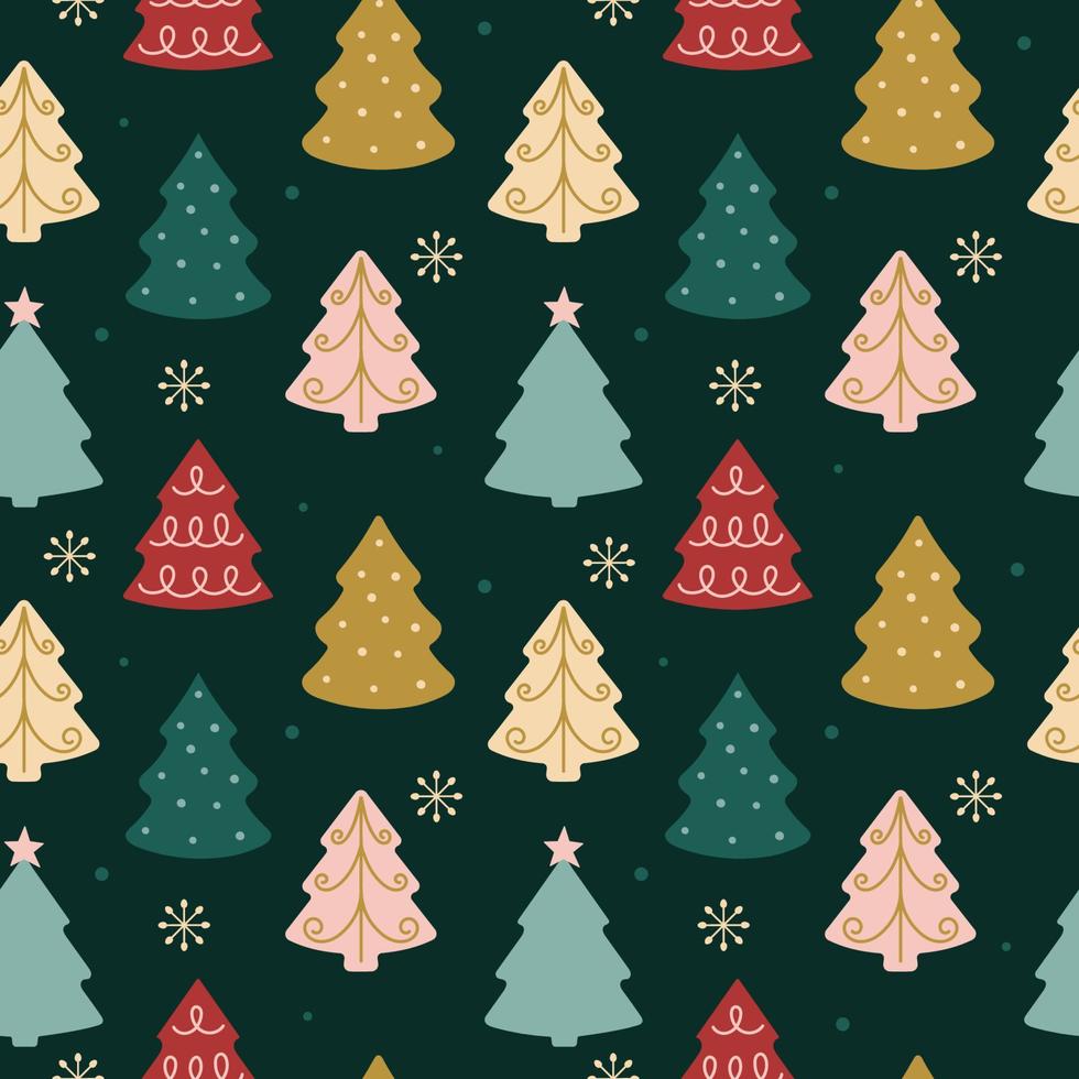 Christmas seamless pattern with colorful Christmas trees. Hand drawn background for wrapping paper, textile, fabric, covers. Vector illustration on a dark green background