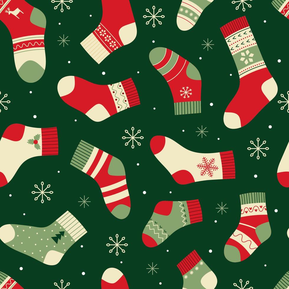 Seamless pattern with bright Christmas socks on a green background. Vector illustration for packaging, wrapping paper, testicle, fabric
