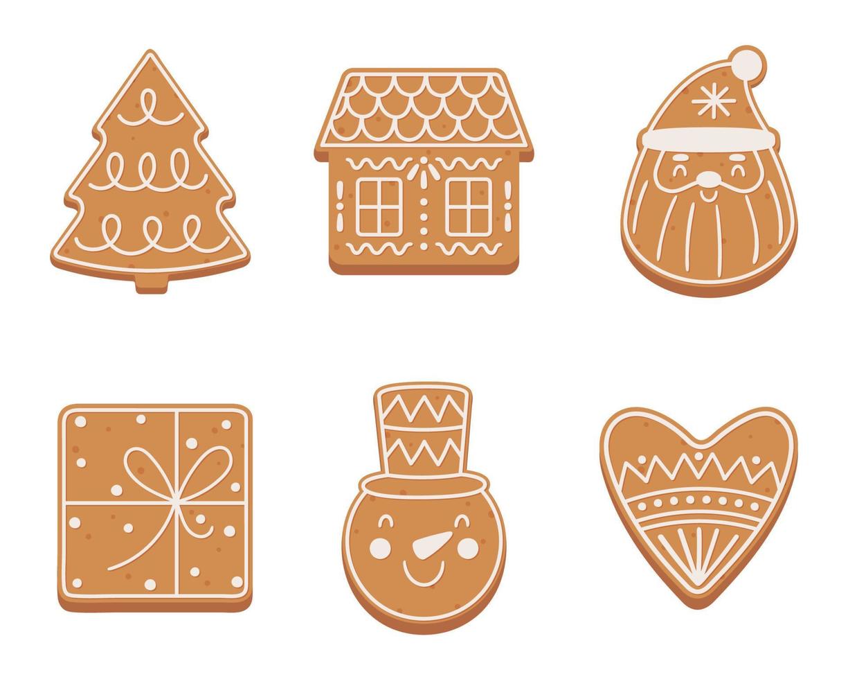 Set of Christmas gingerbread cookies in flat cartoon style. Vector illustration isolated on white background