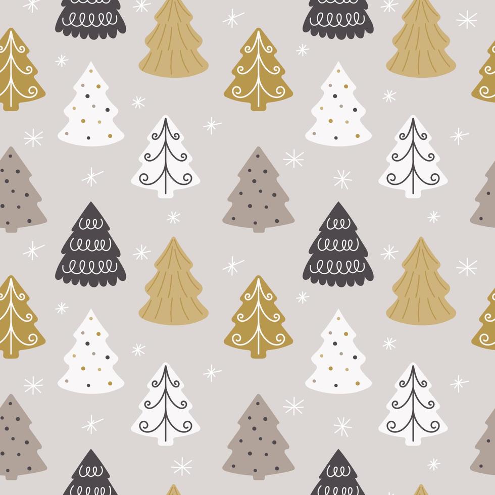 Winter seamless pattern with various hand drawn Christmas trees. Festive seamless background for winter and New Year holidays. Vector illustration