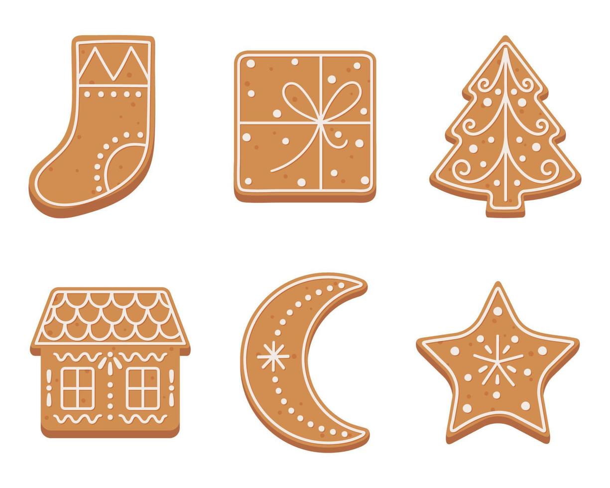 Set of Christmas gingerbread cookies in flat cartoon style. Vector illustration isolated on white background