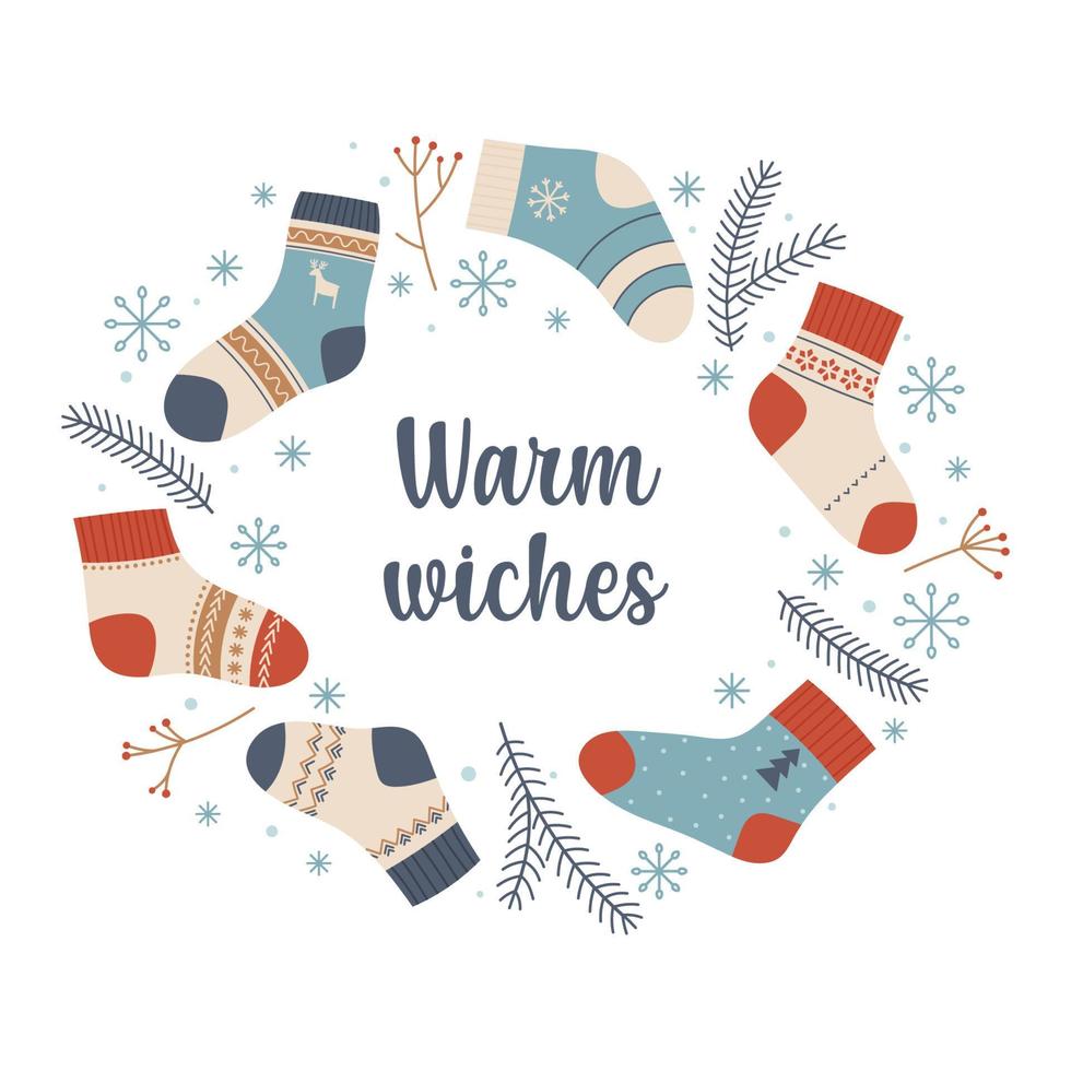 Warm wishes. Cute template with warm socks, winter plants and an inscription. Flat style white background. Vector illustration for winter holidays