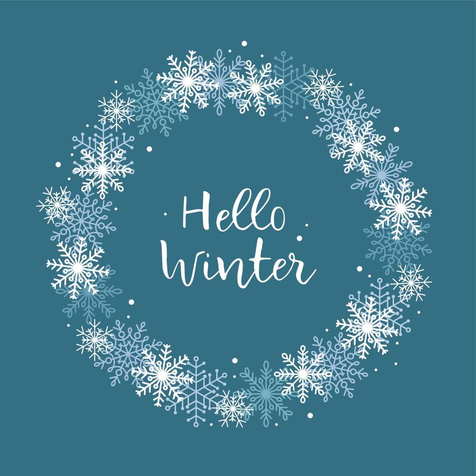 Hello winter. Festive template with a round circle of snowflakes and an inscription. vector