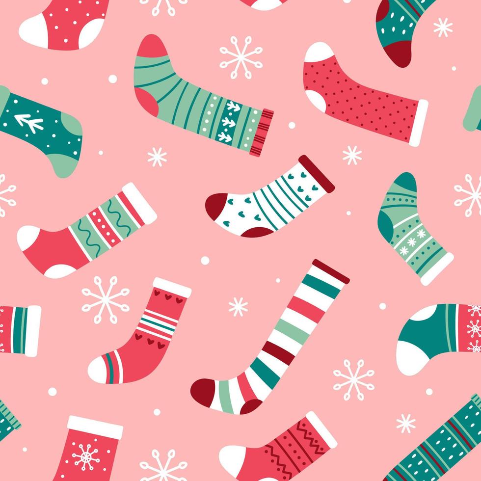 Christmas seamless pattern with bright Christmas socks and snowflakes on a pink background Vector illustration