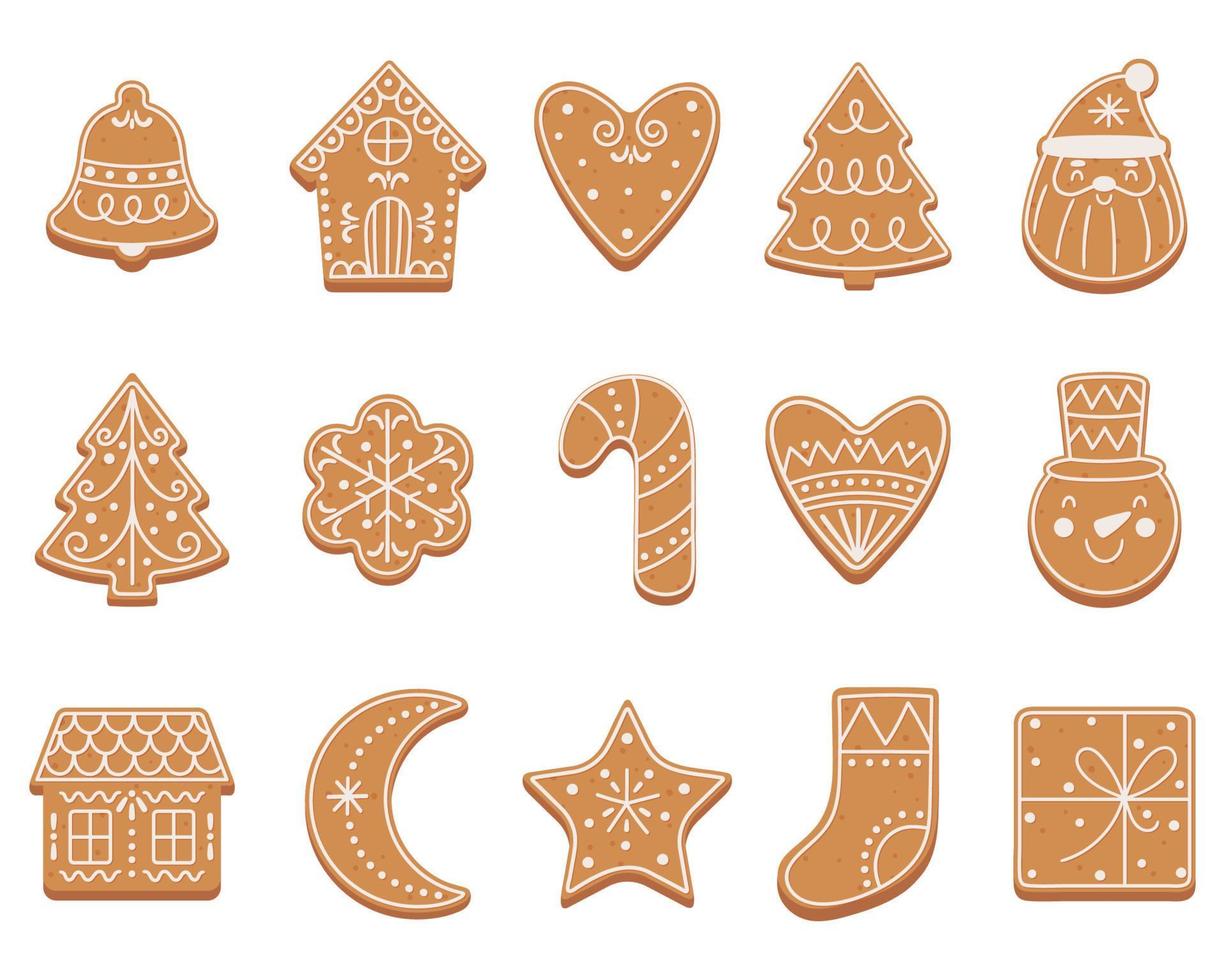 conjunto de galletas de jengibre de navidad en estilo de dibujos animados planos. ilustración vectorial aislado sobre fondo blanco vector