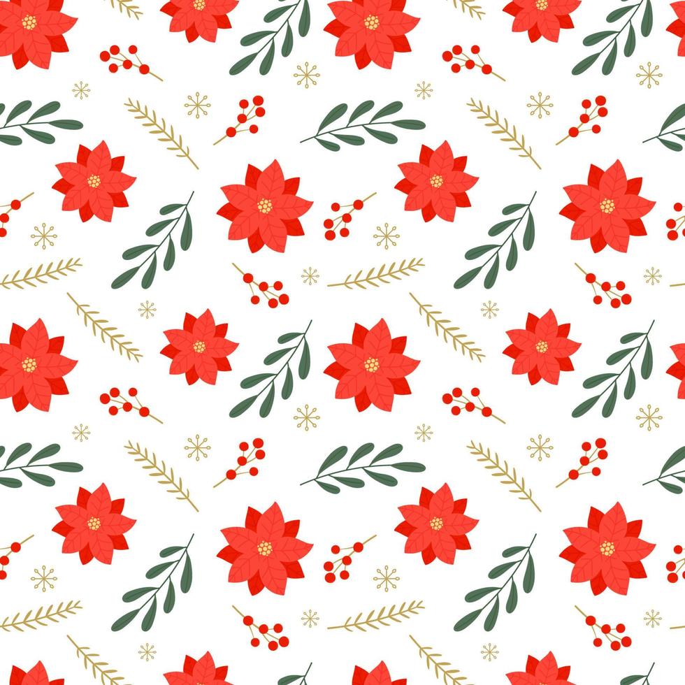 Seamless Christmas pattern with poinsettia, berries and winter plants. Vector illustration isolated on white background