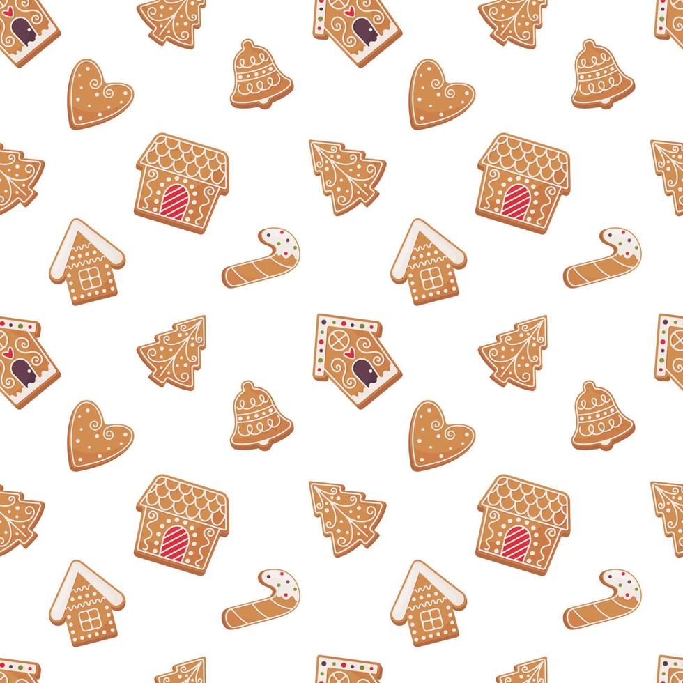 Gingerbread cookies seamless pattern in flat cartoon style. Vector illustration isolated on white background for wrapping paper, testicle, fabric, packaging