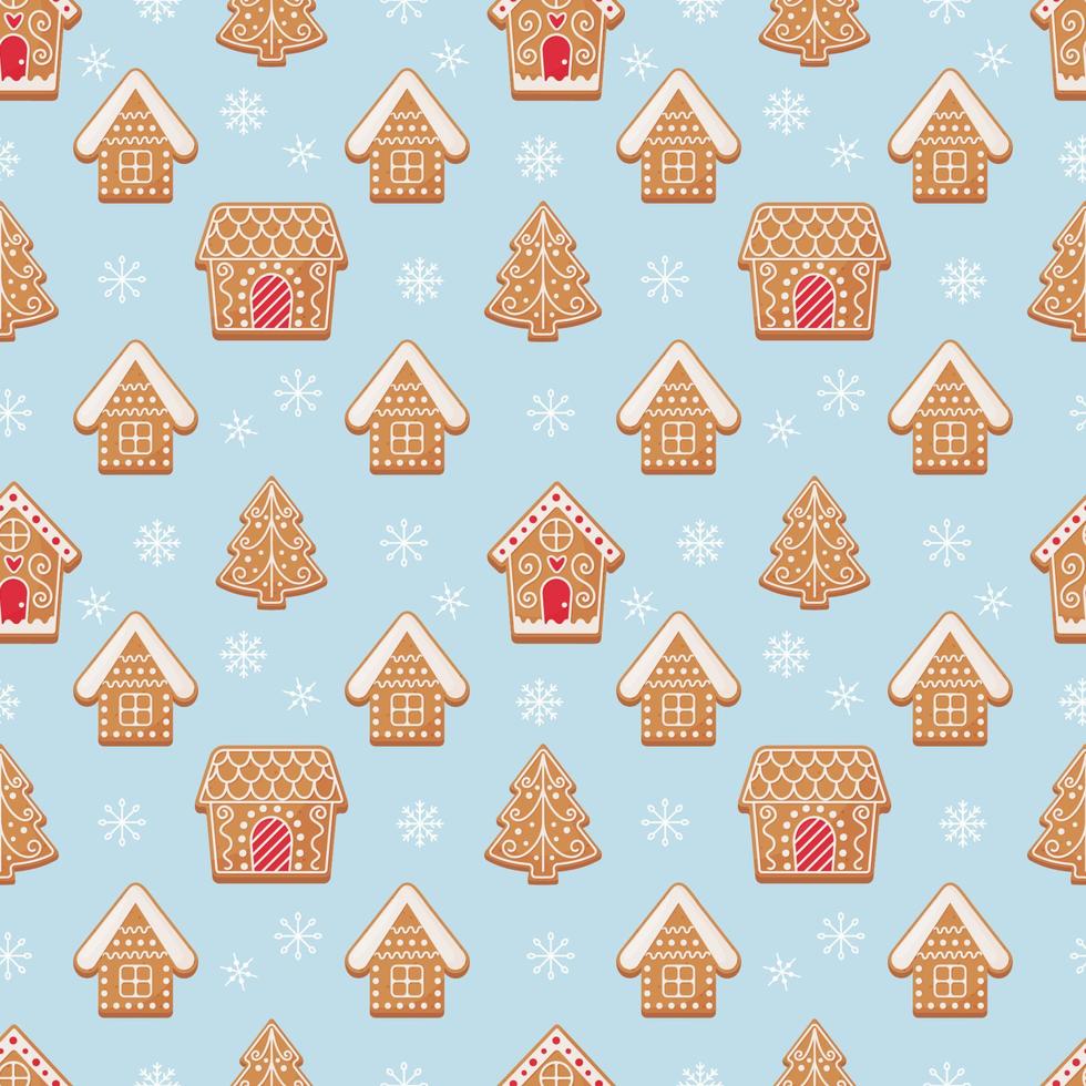 Christmas gingerbread seamless pattern. Gingerbread trees and houses on a blue snowy background. Vector illustration