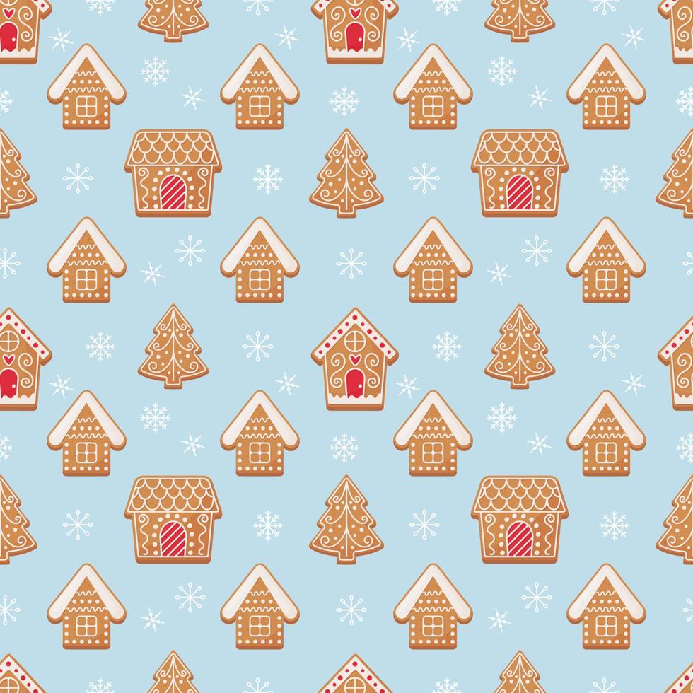 Christmas gingerbread seamless pattern. Gingerbread trees and houses on a blue snowy background. Vector illustration