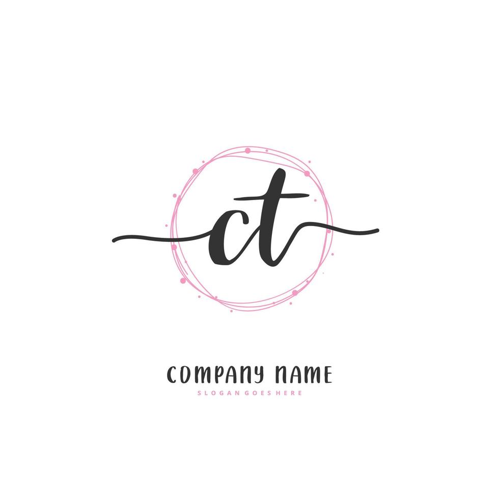 ct escritura a mano inicial y diseño de logotipo de firma con círculo. hermoso diseño de logotipo escrito a mano para moda, equipo, boda, logotipo de lujo. vector