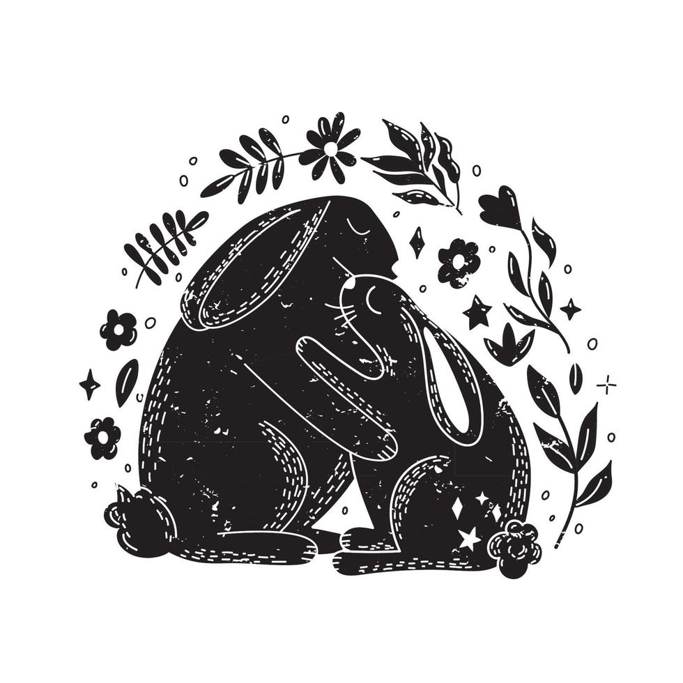Magic rabbits with floral elements in Scandinavian style. Mom and bunny. Black and white. vector