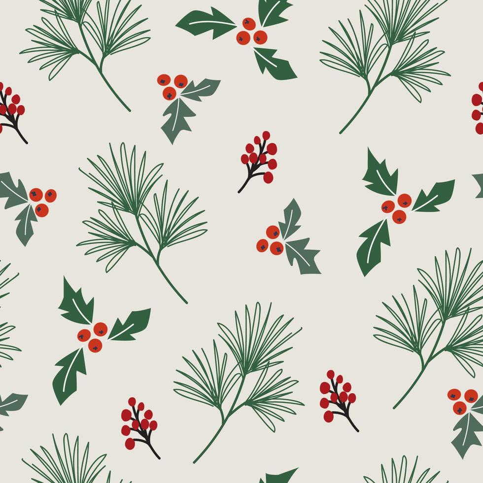 Christmas vector seamless pattern with fir branches and red berries on a light background.