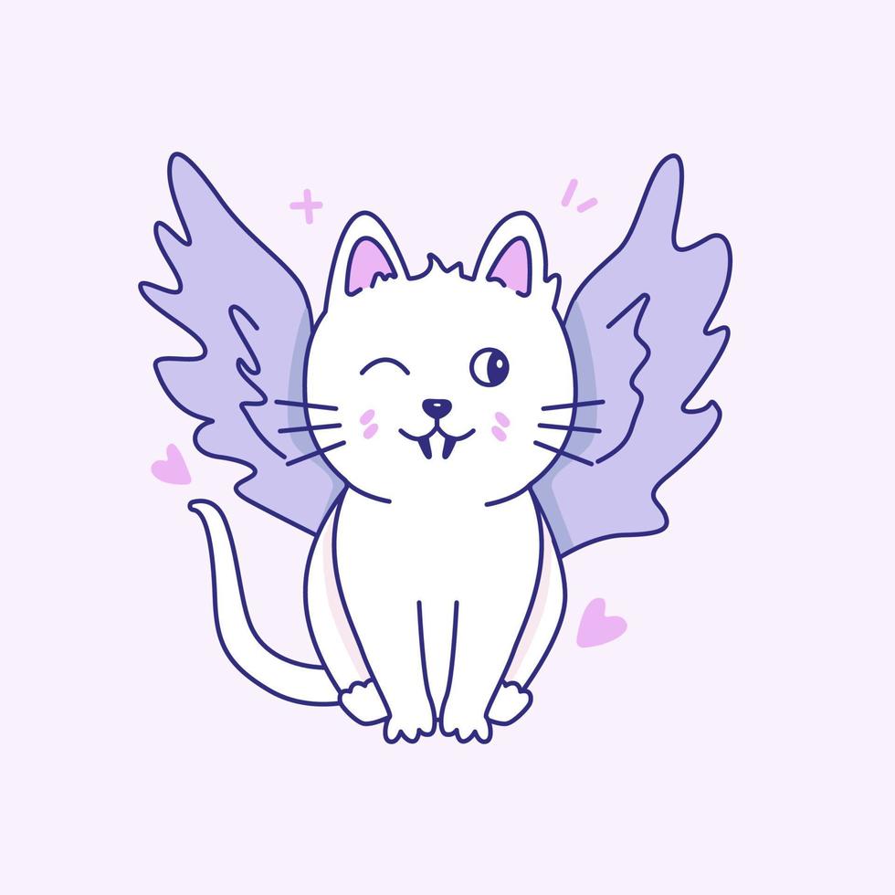 Witch cute cat with bat wings in Kawaii style. Elements for Halloween. vector