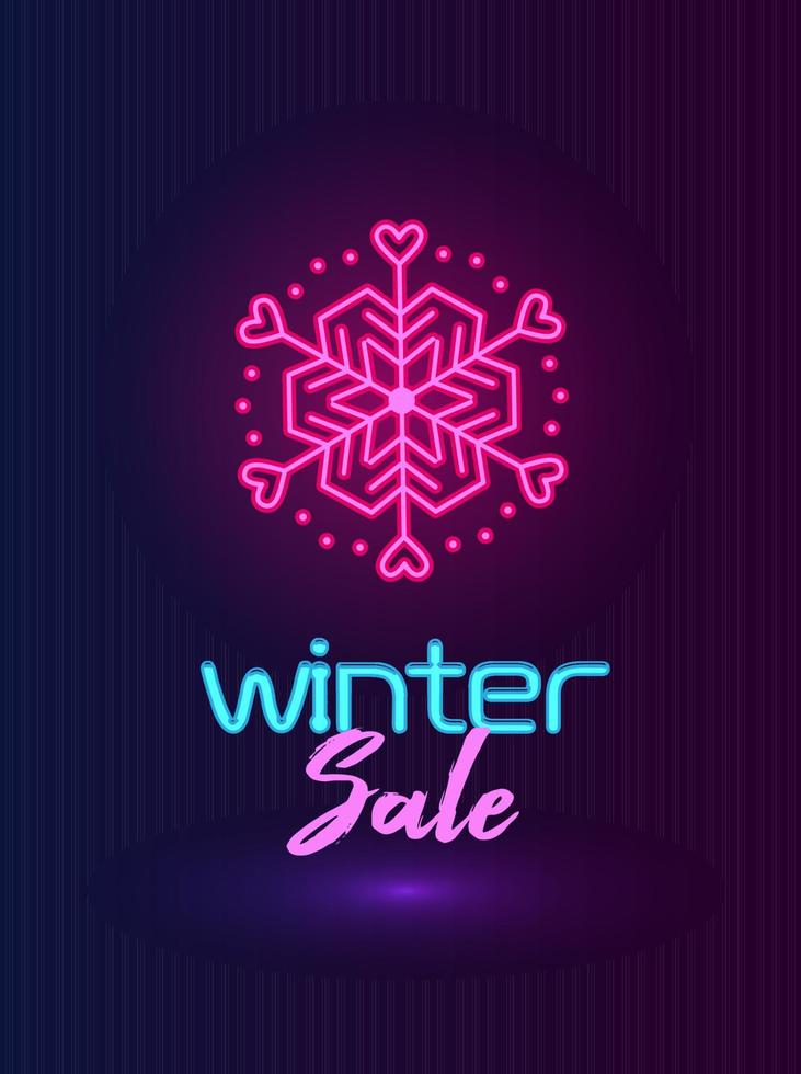 Winter sale vertical banner with neon pink snowflake on dark blue background. vector