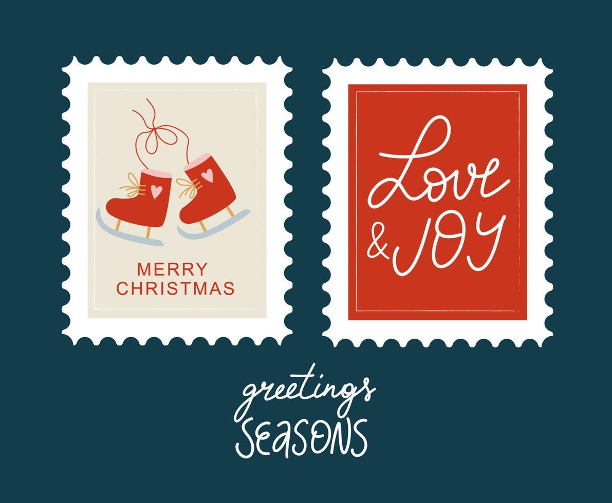 Christmas and Happy New Year postal stamp illustration with lettering Greeting Season. vector