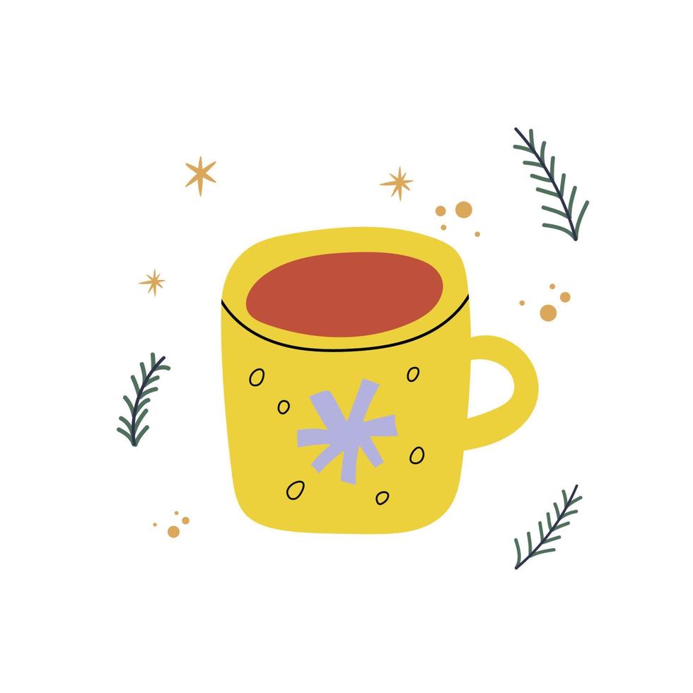 Hot Christmas tea in yellow Cup with snowflake in doodle style. vector
