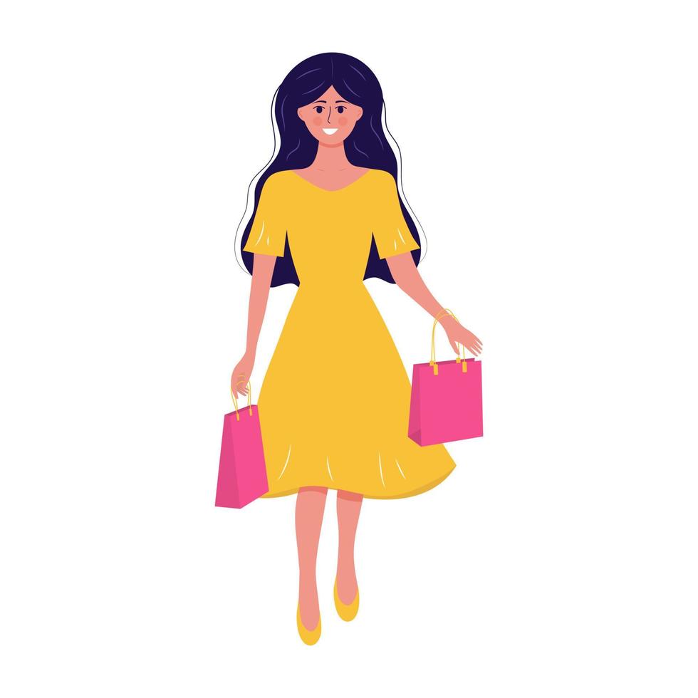 Young happy girl holding packages after shopping. Concept of shopping addiction, shopaholic behavior, big sale or discount. Female character isolated on white background. vector