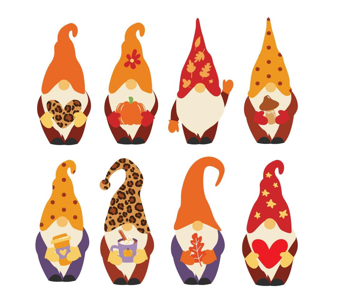 Cute vector set of little thanksgiving gnomes holding a pumpkin, heart, leaves, coffee cup.