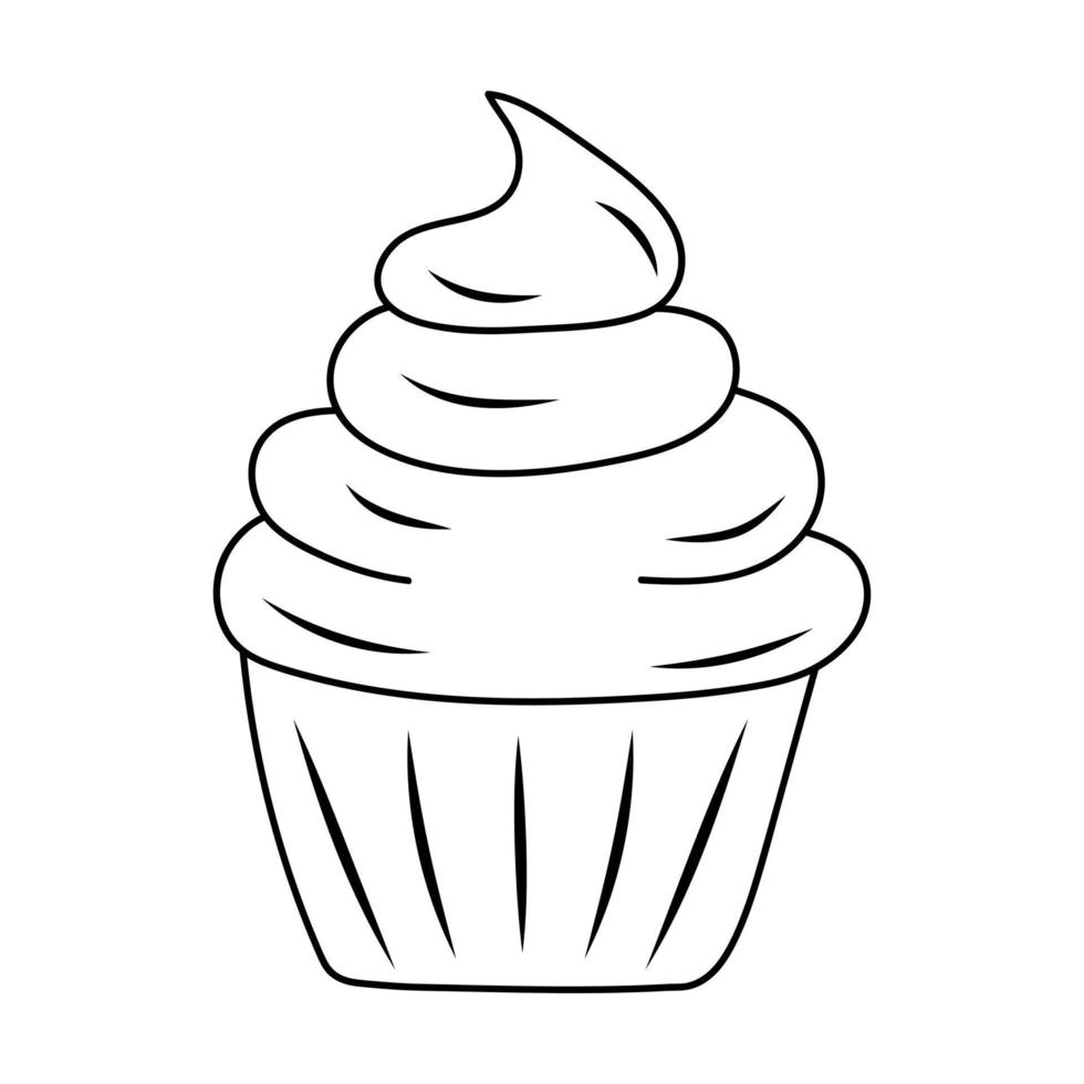 Cupcake In doodle style. Birthday, celebration, holiday, party concept. Black and white vector illustration for coloring book.