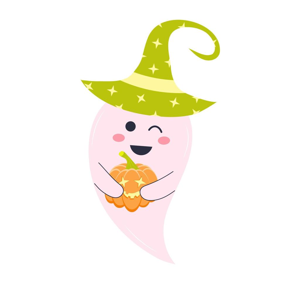 lindo fantasma rosa en un sombrero con una calabaza. personaje de halloween aislado sobre fondo blanco. vector