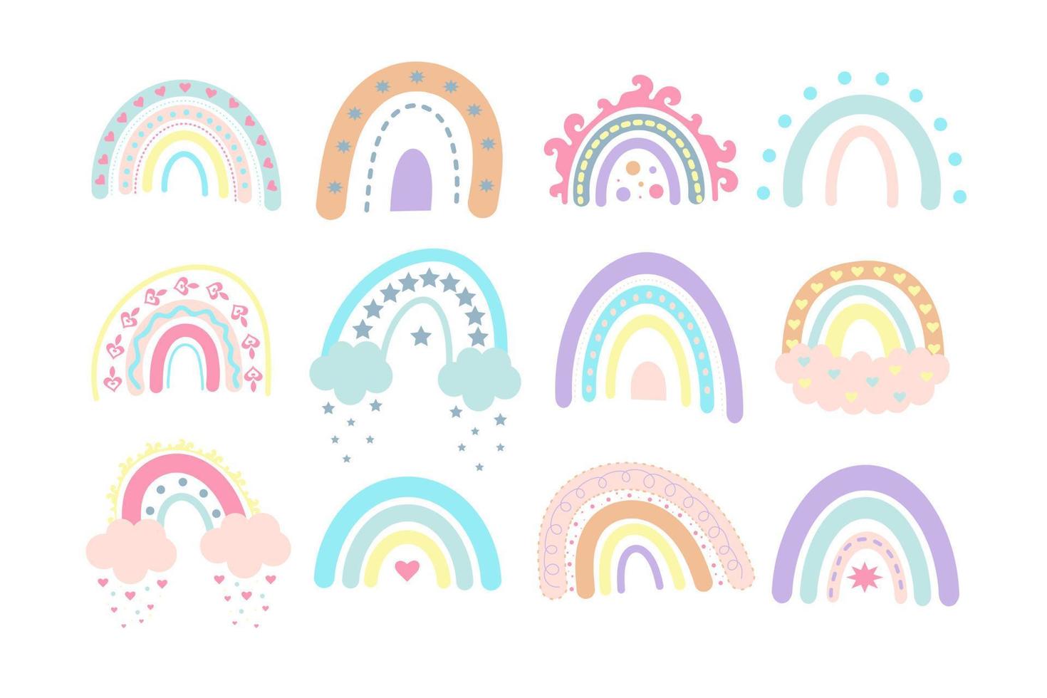 Pastel boho rainbows set. Scandinavian print for baby shower, nursery, playroom, birthday, children's party and other. vector